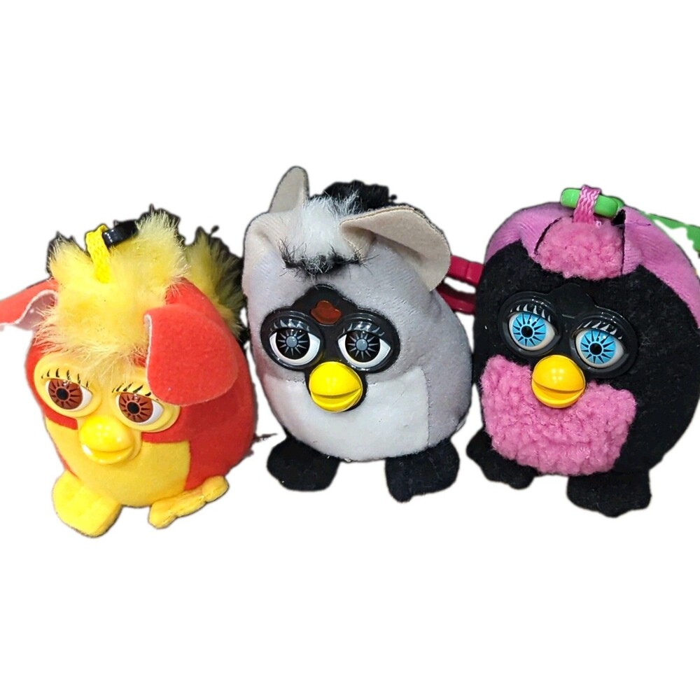 Furby Lot Of 3 Mini Plush Clip-On Keychains w/ Carabiner Clip Multicolor